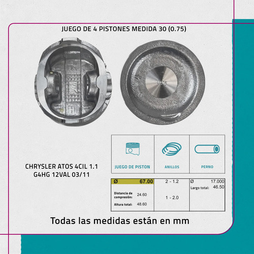 Juego De Pistones 030 Chrysler Atos 4cil 1.1 12val 03/11 - Imagen 2