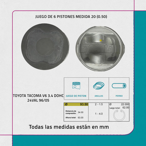 Juego De Pistones 020 Toyota Tacoma V6 3.4 Dohc 24val 96/05 - Imagen 2