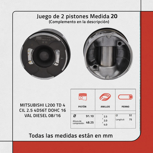 Juego De 2 Pistones 20 Mitsubishi L200 4cil 2.5 16val 08/16 - Imagen 2